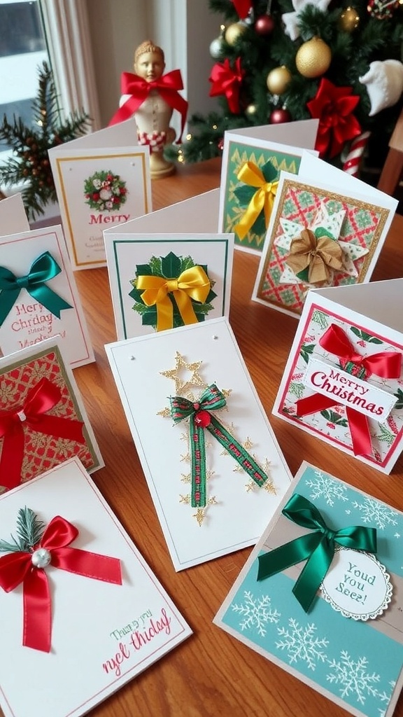 Handmade Christmas cards with ribbons and decorations on a wooden table.